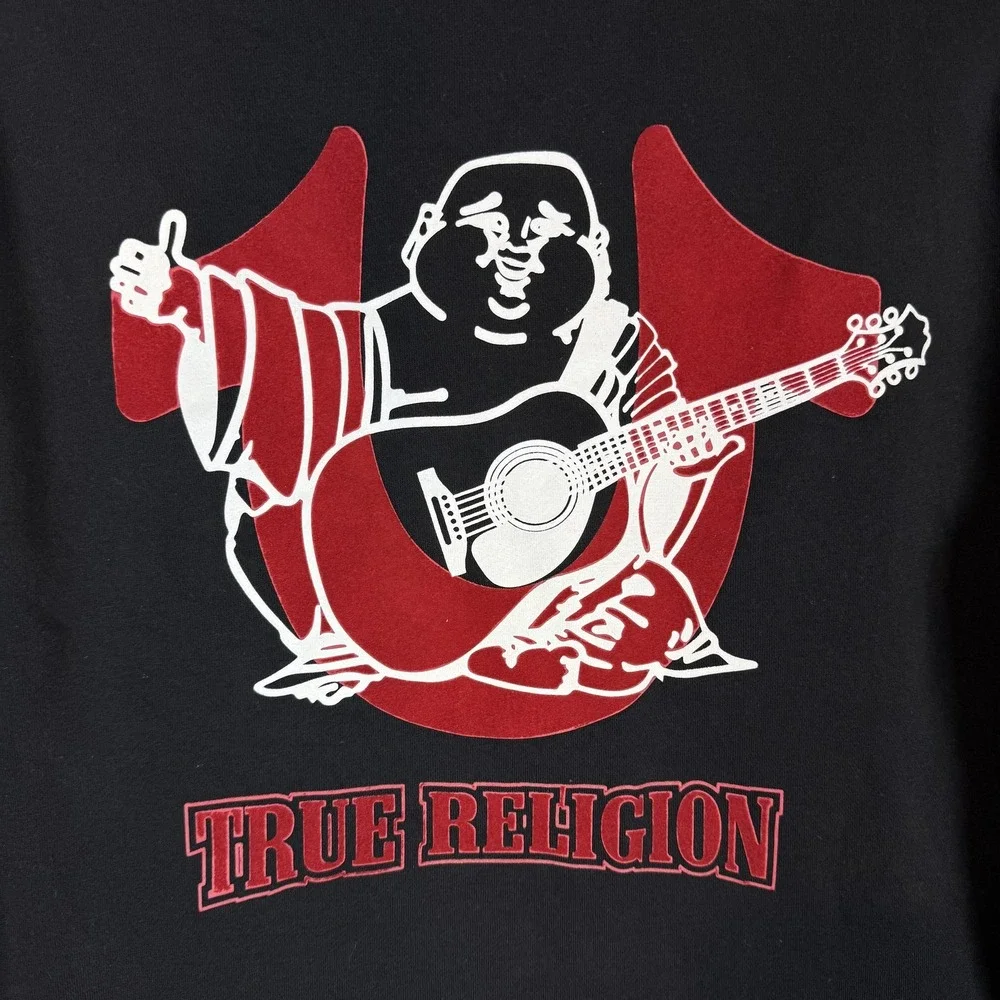 True Religion Hoodie Mens Medium Black Full Zip Fleece Buddha Guitar Graphic